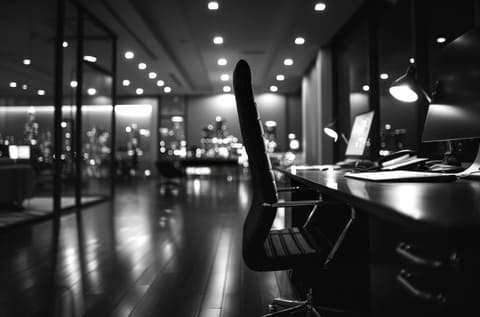 Rows of empty desks in an open office