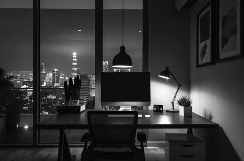 A desk lit only by a screen at night
